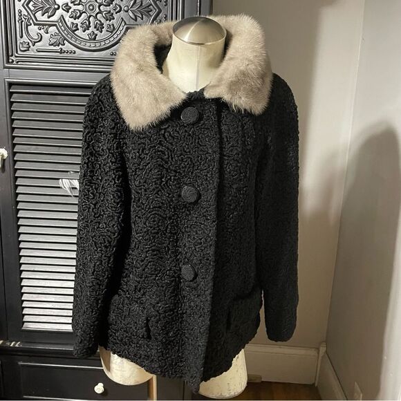 Vintage Astrakin 50s Black Curly Lamb & Mink Parisian A Line Swing‎ Coat XS S - Picture 1 of 10